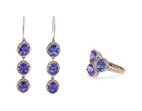 A Collection of White Gold, Tanzanite and Diamond Jewelry,