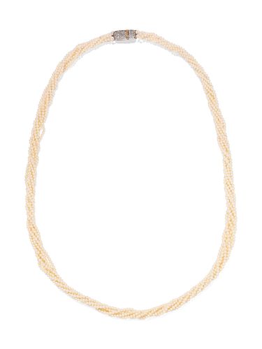 A 14 Karat Bicolor Gold, Diamond and Multi-Strand Cultured Pearl Necklace,