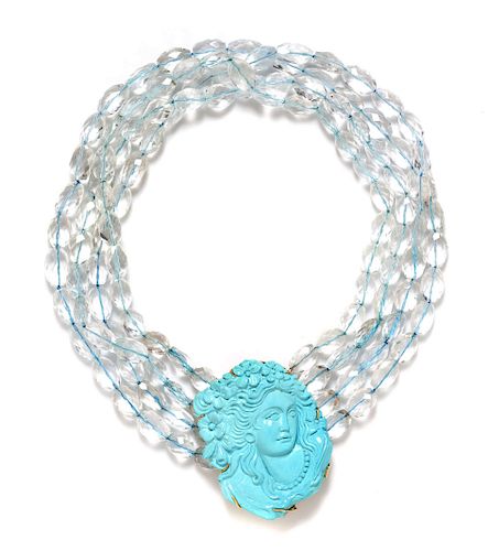 A 14 Karat Yellow Gold, Aquamarine and Turquoise Bead Necklace,