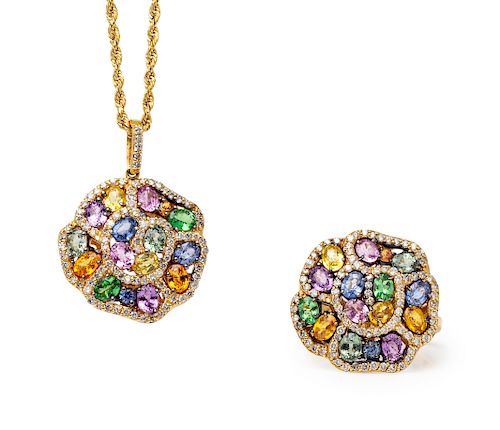 A Collection of 14 Karat Yellow Gold, Multi Color Sapphire and Diamond Jewelry, Effy,