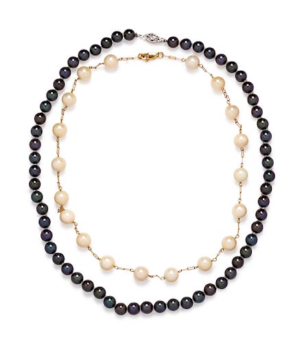 A Collection of 14 Karat Gold and Cultured Pearl Necklaces,