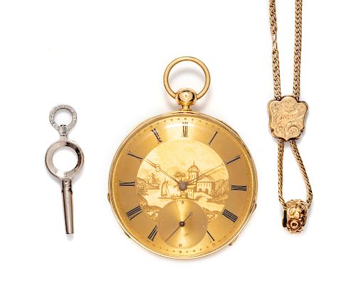 A Yellow Gold Open Face Pocketwatch and Chain,