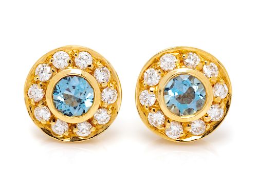 A Pair of 18 Karat Yellow Gold, Blue Topaz and Diamond Earrings, Tiffany & Co.,