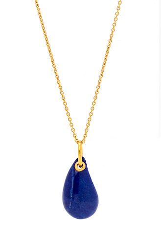 An 18 Karat Yellow Gold 'Teardrop' Lapis Lazuli Pendant/Necklace, Elsa Peretti for Tiffany & Co.,