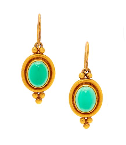 A Pair of 22 Karat Yellow Gold and Chrysoprase Earrings, Temple St. Clair,