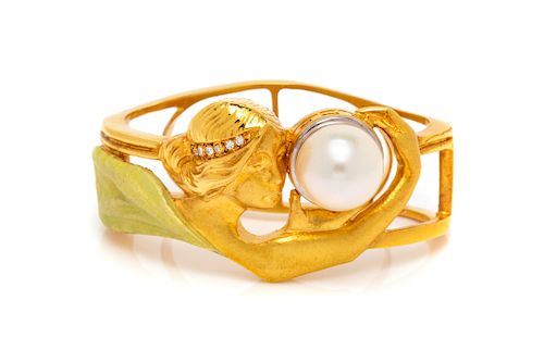 An 18 Karat Yellow Gold, Cultured Pearl, Diamond and Enamel Enhancer, Masriera,