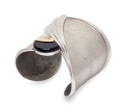 A Sterling Silver, 14 Karat Yellow Gold, Onyx, Mother-of-Pearl and Diamond 'Tempest' Cuff Bracelet, Erte,