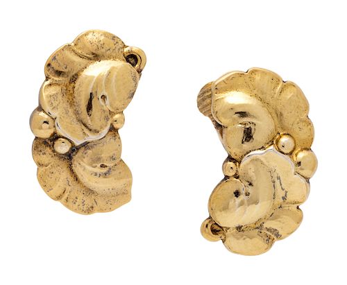 A Pair of Gilt Sterling Silver Floral Motif Earclips, Harald Nielson for Georg Jensen,