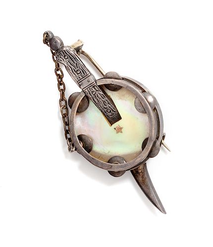 A Silver and Mother-of-Pearl Tambourine and Sword Brooch,