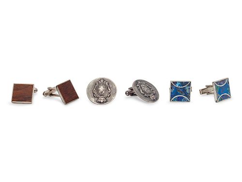A Collection of Silver and Inlay Cuff Links,
