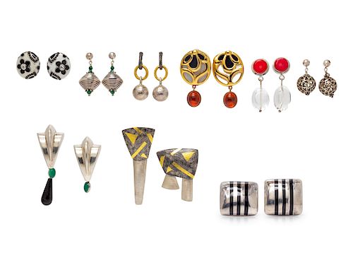 A Collection of Silver, Hardstone and Enamel Earrings,