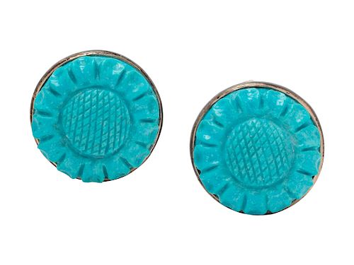 A Pair of Sterling Silver and Turquoise Flower Motif Earclips, Stephen Dweck,