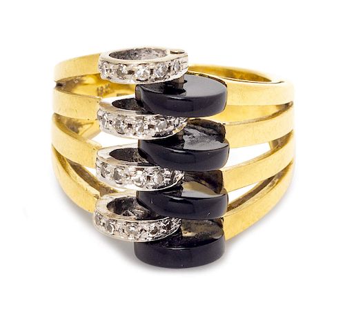 An 18 Karat Bicolor Gold, Onyx and Diamond Ring, Italian,