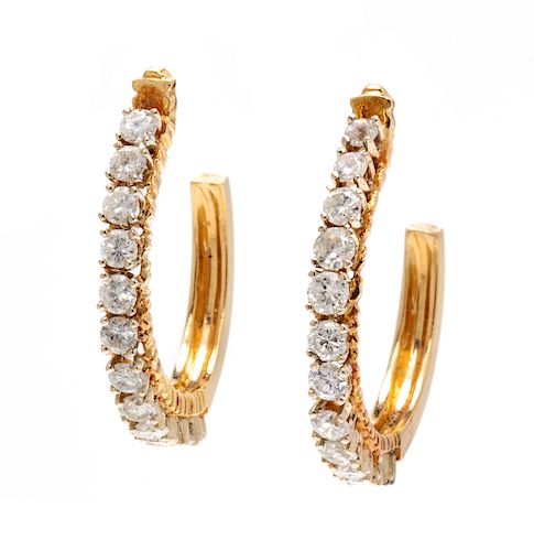 A Pair of Yellow Gold and Diamond Hoop Earrings,