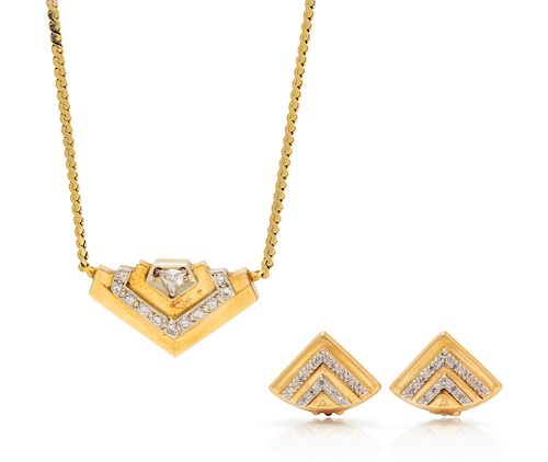 A 14 Karat Yellow Gold and Diamond Demi-Parure,