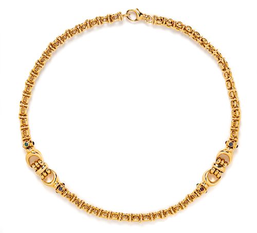 A 14 Karat Yellow Gold and Multigem Necklace, Italian,