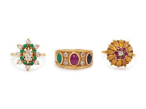 A Collection of Yellow Gold, Gemstone and Diamond Rings,