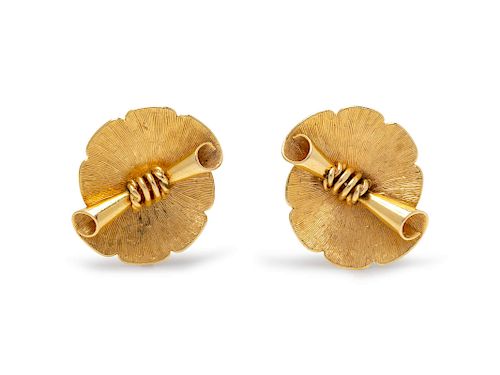 A Pair of 14 Karat Yellow Gold Earclips,
