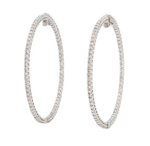 A Pair of White Gold and Diamond Hoop Earrings,