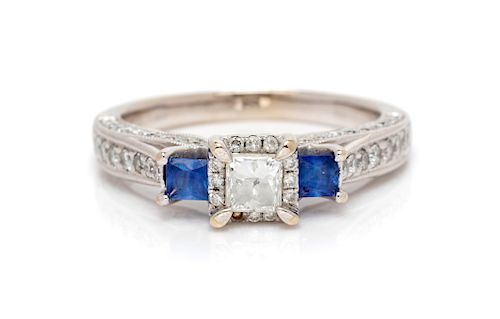 A 14 Karat White Gold, Diamond and Sapphire Ring,