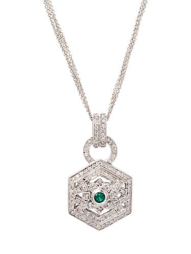A 14 Karat White Gold, Emerald and Diamond Necklace,
