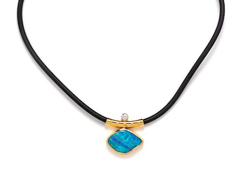 An 18 Karat Yellow Gold, Platinum, Opal and Diamond Pendant/Necklace,