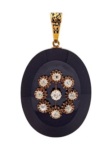 A Victorian Yellow Gold, Onyx, Diamond and Enamel Mourning Pendant,