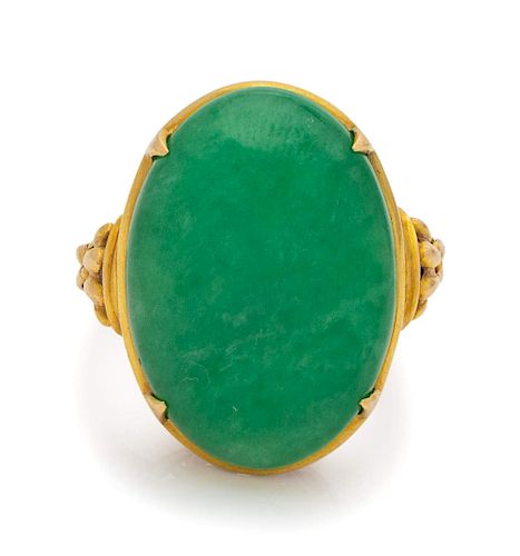 A 14 Karat Yellow Gold and Jade Ring,