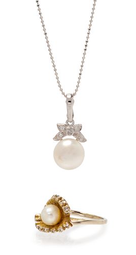 A Collection of White Gold, Cultured Pearl and Diamond Jewelry,