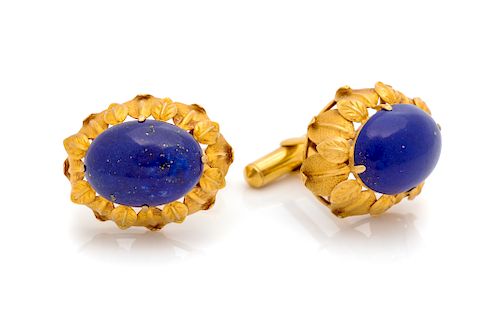 A Pair of 14 Karat Yellow Gold and Lapis Lazuli Cufflinks,