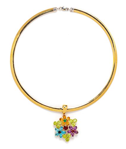 An 18 Karat Yellow Gold and Multigem Pendant/Necklace,