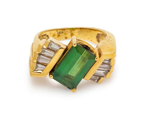 An 18 Karat Yellow Gold, Green Tourmaline and Diamond Ring,