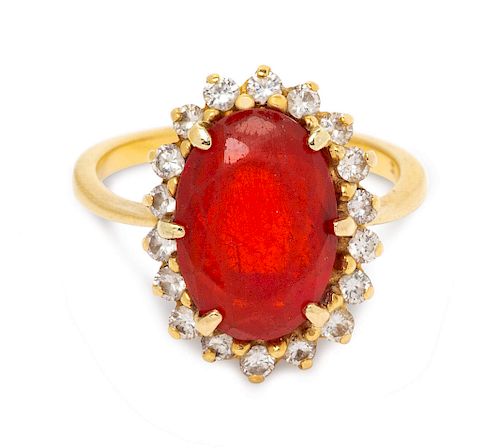 A Yellow Gold, Fire Opal and Diamond Ring,
