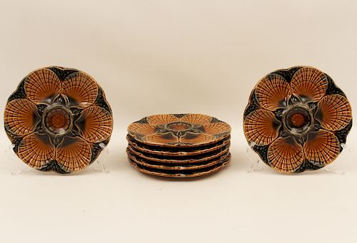 8 FRENCH MAJOLICA OYSTER PLATES