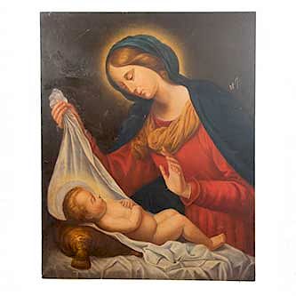 Anónimo. Virgen y niño. Óleo sobre tela Sin enmarcar. Dimensiones: 100 x 82 cm.