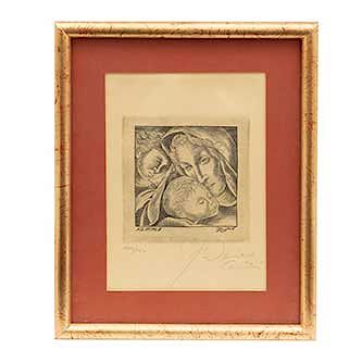 Federico Cantú. "Madonna". Firmado en el ángulo inferior derecho. Grabado al buril 1362/1520. Enmarcado. 20 x 14 cm.