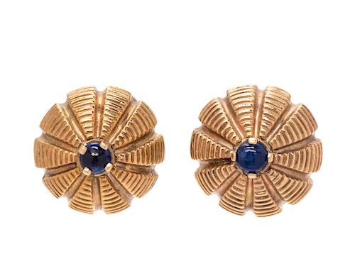 A Pair of Yellow Gold and Sapphire Earclips,