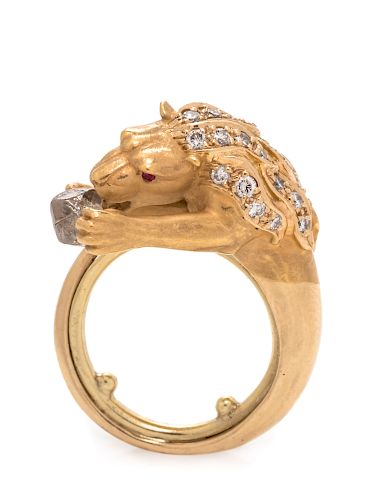 A Yellow Gold, Rough Diamond, Diamond and Ruby Lion Ring,