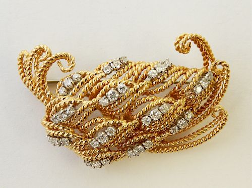 18K Yellow Gold & Diamond Twisted Wire Brooch