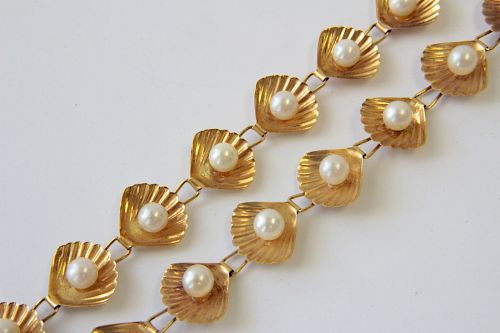 Pair of 14K Pearl Scallop Shell Bracelets