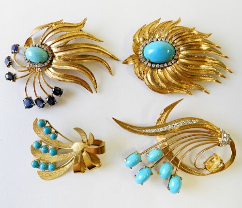 Four 18K & Turquoise Brooches with Various Stones