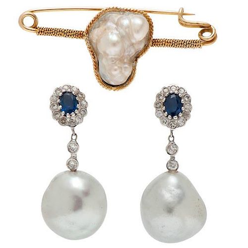 G.I.A. Certified Natural Blister Pearl Brooch in Gold PLUS Large Pearl Earrings with Sapphires and Diamonds 