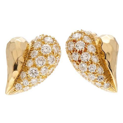 Henry Dunay Stylized Heart Earrings in 18 Karat Yellow Gold with 2.5 Carats of Diamonds 