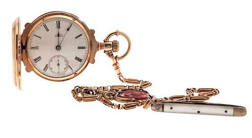 A.W. Co. Waltham P.S. Bartlett 14 Karat Hunter Case Pocket Watch with 14 Karat Chain and Two Fobs 