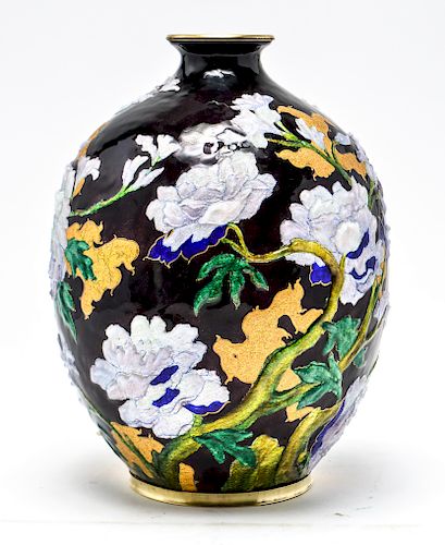 Camille Faure Limoges Peony Motif Enameled Vase