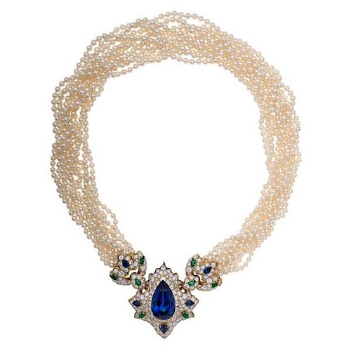 Tiffany & Co. A Rare and Important Tanzanite, Pearl, Diamond and Precious Gemstone Necklace 