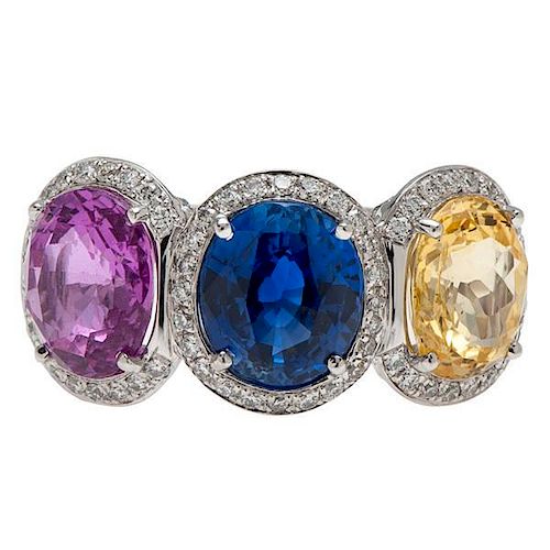 A.G.T.A. Certified Natural Pink, Blue, and Yellow Sapphire Ring in Platinum with Diamonds 