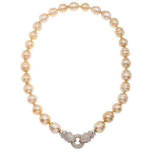 Golden Banded South Sea Pearls with a Diamond Pave Clasp 