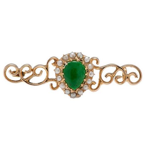 Mason-Kay Certified "A" Jade Brooch with Pearls in 14 Karat Yellow Gold 