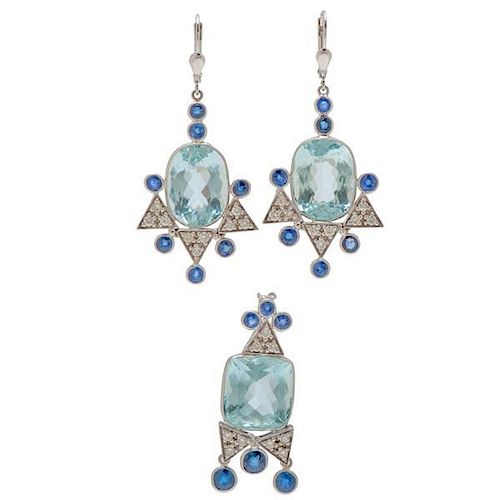 Aquamarine, Diamond and Sapphire Earrings and Pendant  
